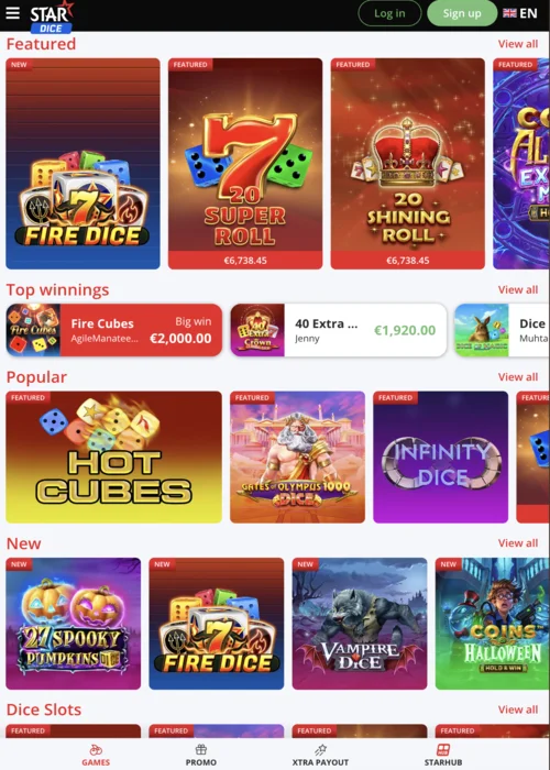 Lobby de jeux premium de StarDice Casino avec croupiers en direct et tables à mises élevées